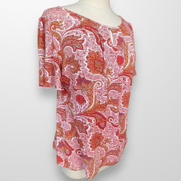 Chaps Women's Size 1X Top Shirt Short Flutter Sleeve Stretch Paisley Scoop Neck - Picture 4 of 8